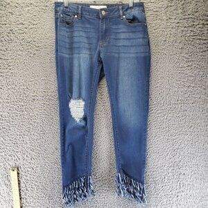 Cato Jeans Womens Size 6 Blue Mid-Rise Distressed Fringe Hem Stretch Cropped
